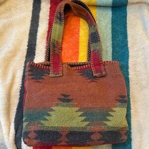 Vintage Southwestern-Pattern Wool Blend Tote in Brown and Green